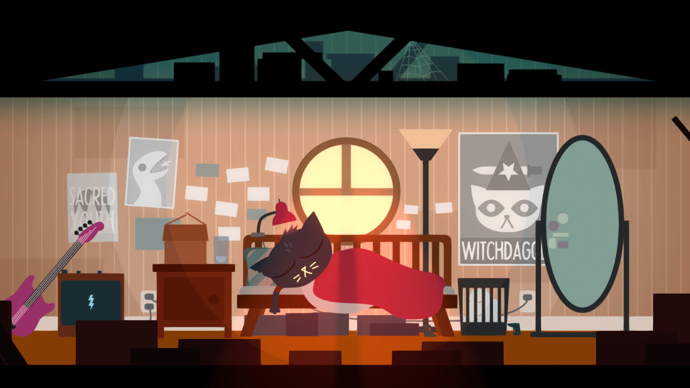 Mae, from the game Night in the Woods, asleep in her bedroom.