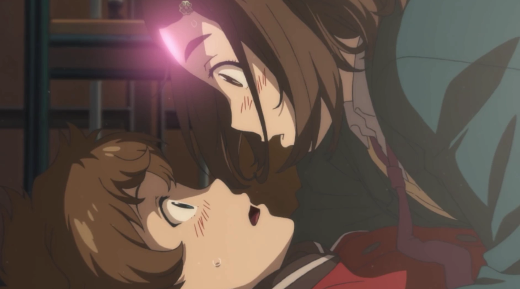 FLCL Alternative, Episode 4: Sasaki and Kana almost kiss when she falls on top of him at school. 