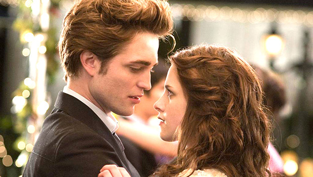 Iconic image from the first twilight film of Edward and Bella at the prom gazing at one another. 