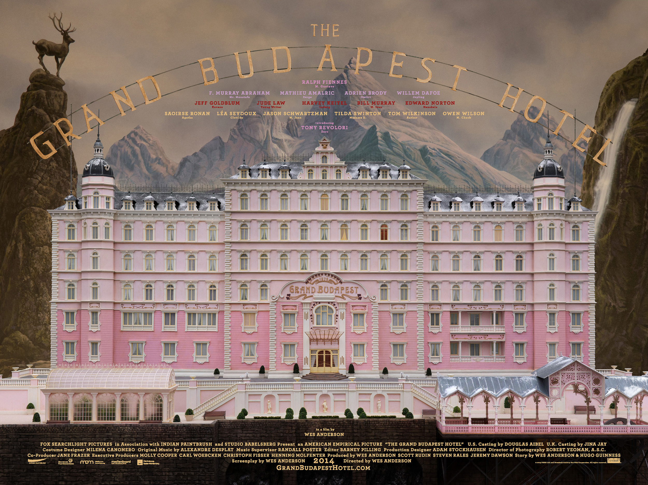 A movie poster for Wes Anderson's film The Grand Budapest Hotel (2014). It features the hotel in front of a mountainous landscape, with the names of those involved in the film.