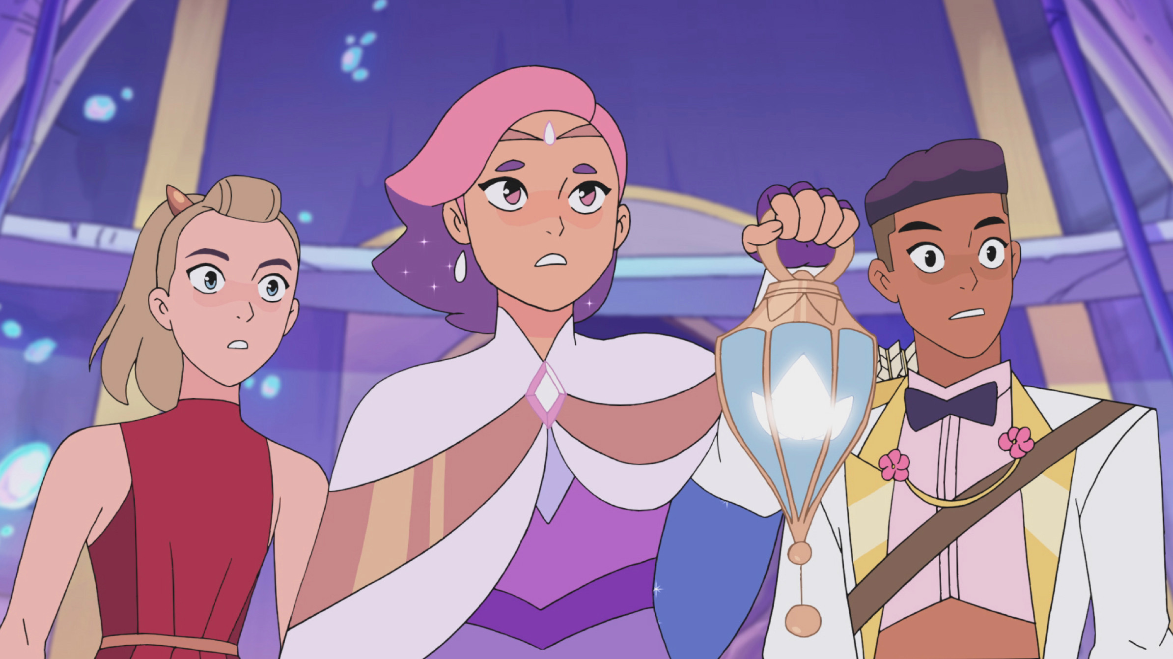 She-Ra and the Princesses of Power; Episode: The Coronation; Adora, Glimmer and Bow stare in shock at the altar in the Chamber of Queens.