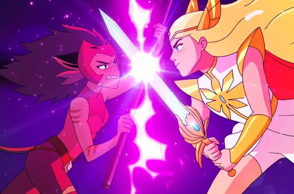 She-Ra and Catra in the midst of an epic battle.