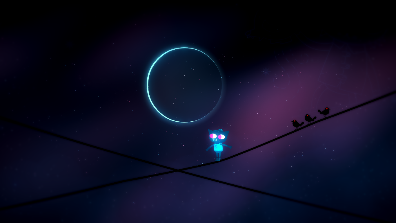 Mae Borowski is walking on a powerline in a dream, with a neon moon in the background. 