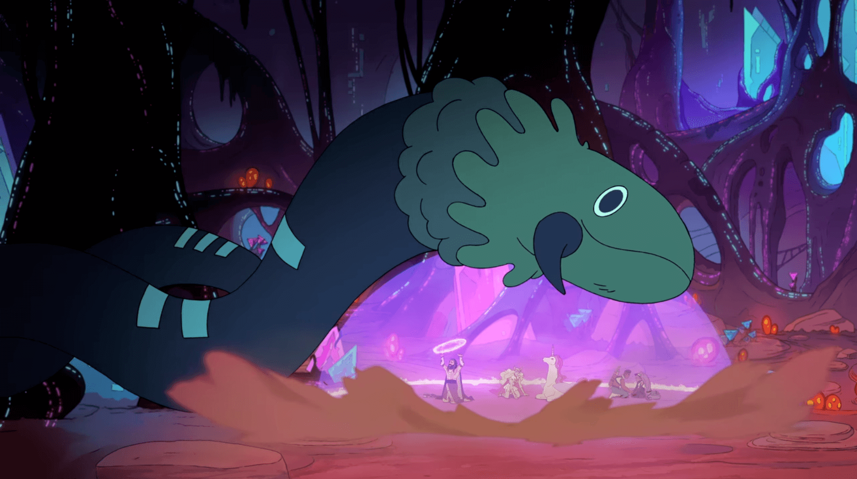 King Micah shields Bow, Adora, Entrapta and Swift Wind from a large wormlike creature in She-Ra's "Beast Island."