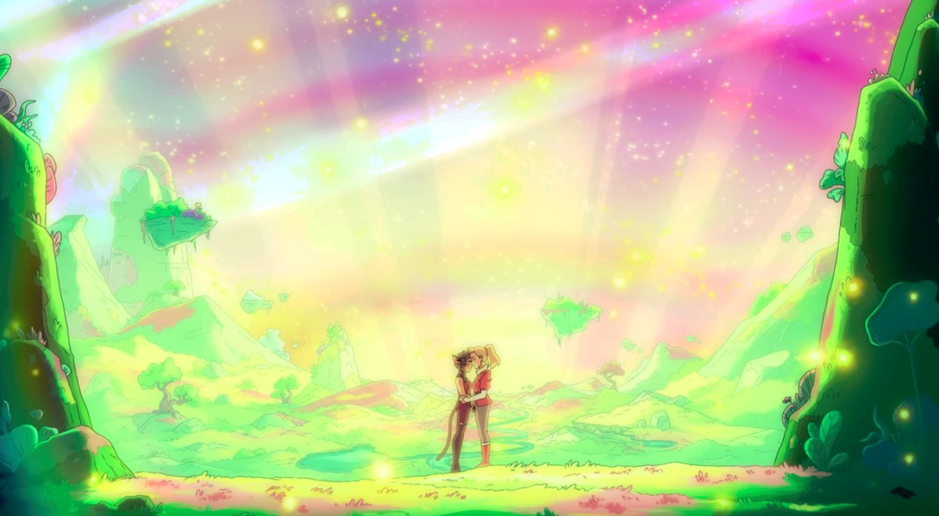 Adora and Catra stand in a field of flowers surrounded by magic