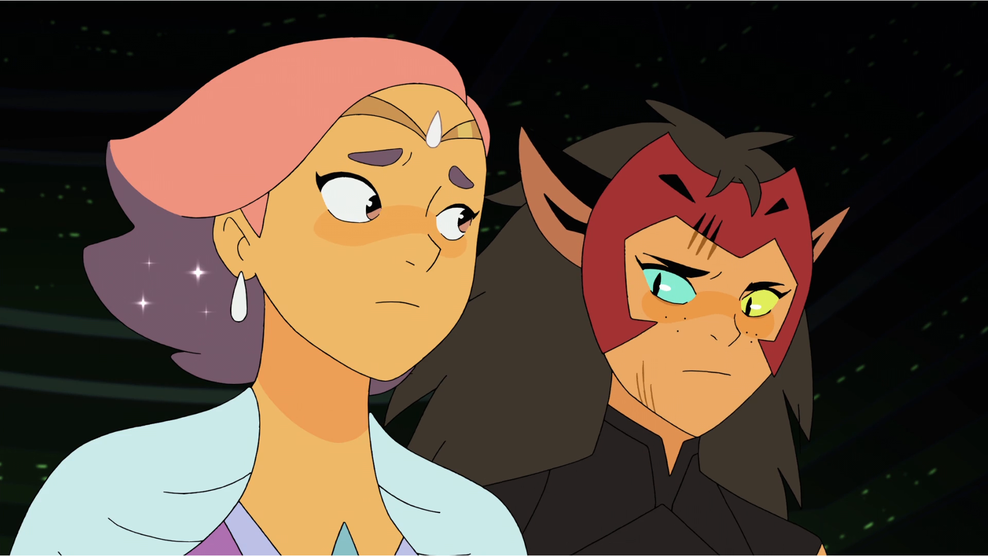 Glimmer and Catra share a meaningful look in She-Ra Season 4's "Destiny Part 2".