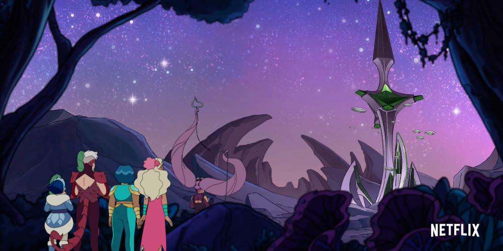 She-Ra And the Princesses of Power; Season Five; Frosta, Scorpia, Mermista, Perfuma and Entrapta approach what seems to be Horde Prime's base.