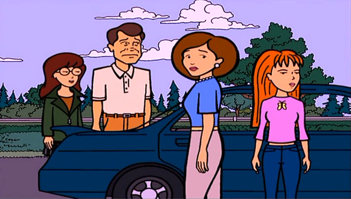 The Morgendorffer family, Jake, Helen, Daria, and Quinn stand in front of their blue car on the side of the road. 