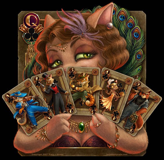 Mitzi May from lackadaisical holding a hand of cards, each of which has a different Lackadaisy character on it.