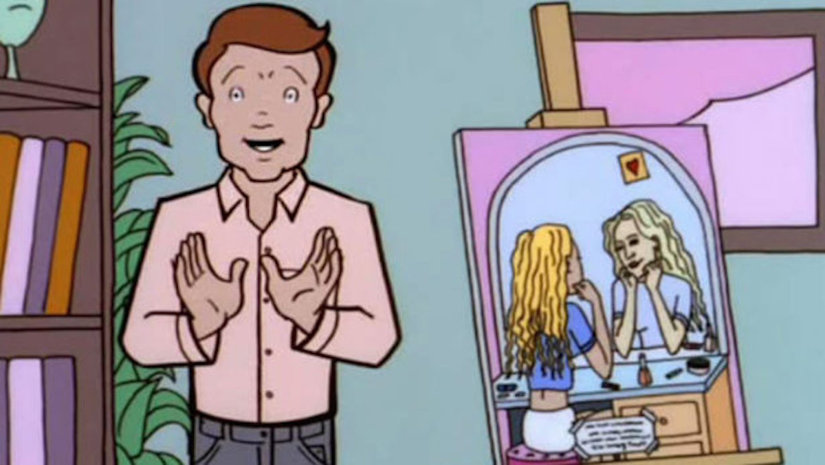 Mr. Timothy O'Neill, the English teacher, stands in front of a painting, which shows a young, blonde girl staring at herself in the mirror.