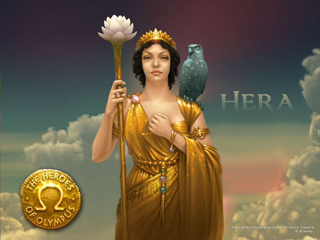 Hera, goddess of wisdom, stands with a staff and a bird on her shoulder.