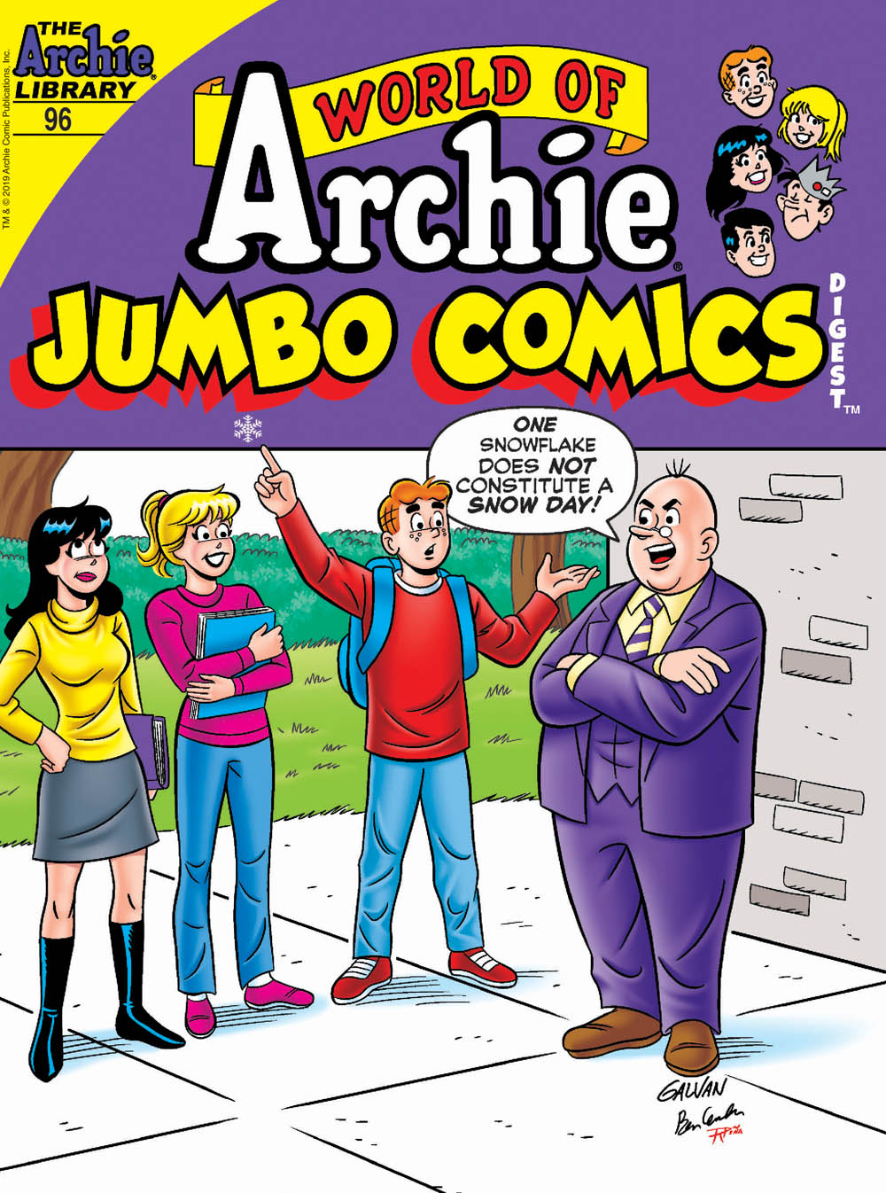 The cover to an Archie Jumbo Comic, with Archie pointing to a single snowflake and Principle Weatherbee saying "One snowflake does not constitute a snow day!"