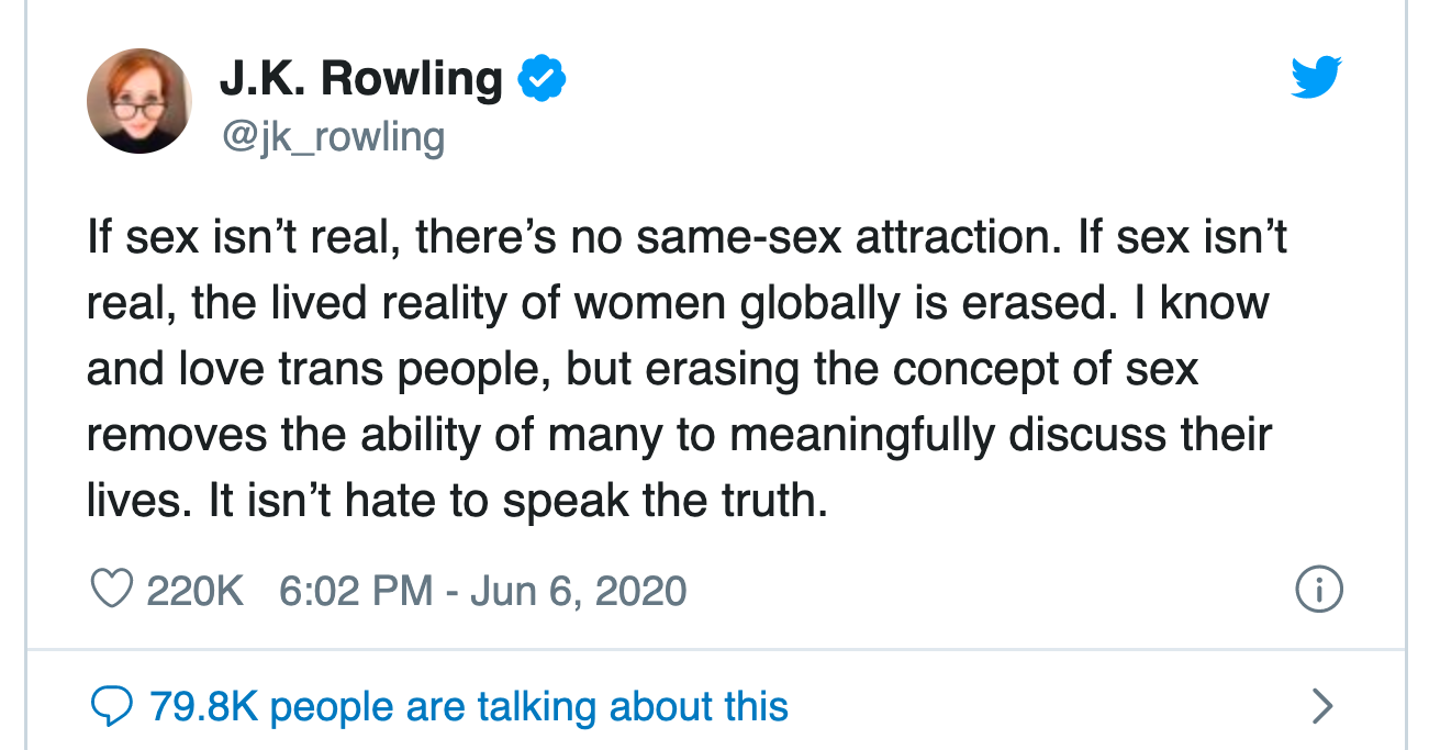 A tweet by JK Rowling in response to hate she received for being transphobic. 