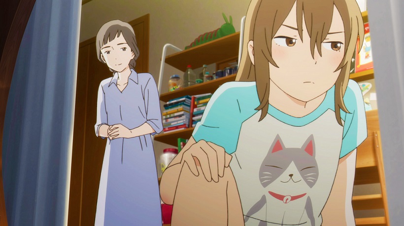Miyo looks away angrily from her stepmom in the background while wearing a shirt with a smiling cat on it.