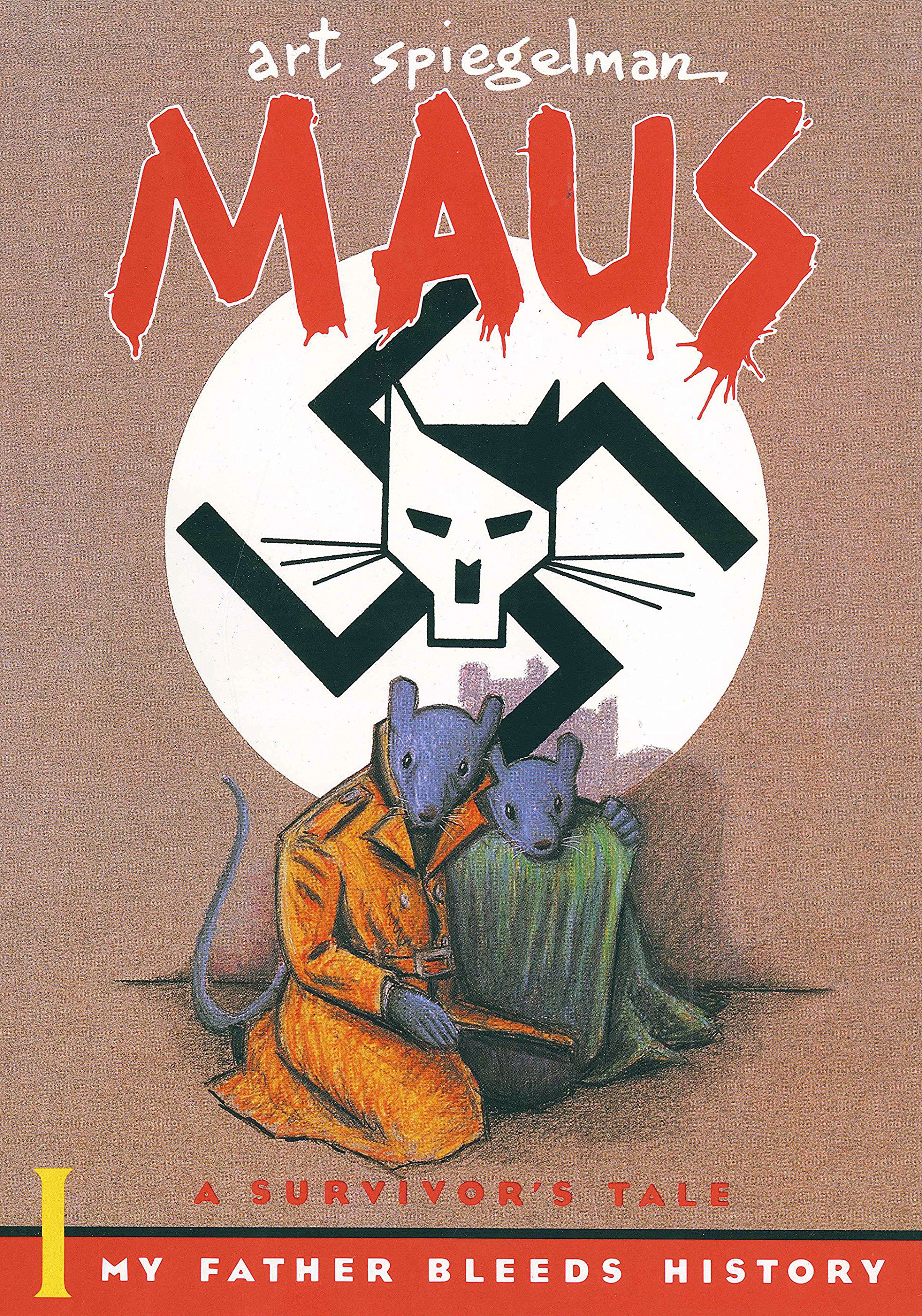 Maus: Cover with two mice in coats under a swastika with a stylized cat head at the center 