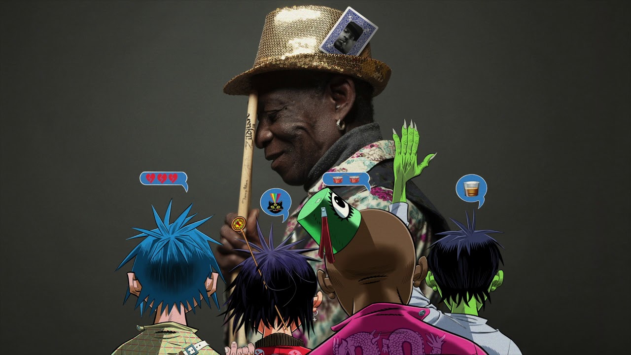 Tony Allen stands sideways with a drumstick pressed to his forehead, while the Gorillaz members are depicted facing him with text bubbles above their heads.