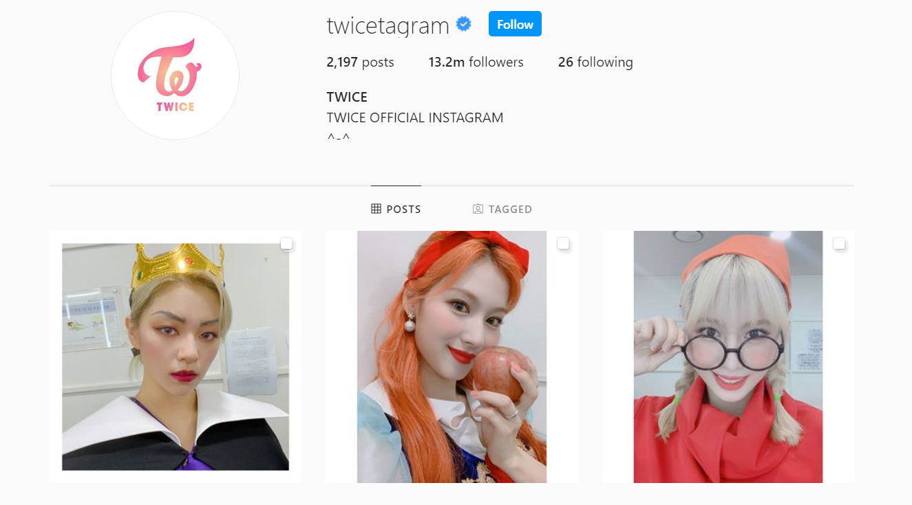 The Instagram page of K-pop group Twice featuring their logo in their profile picture and three pictures of three of the members Jeongyeon, Sana, and Momo. 