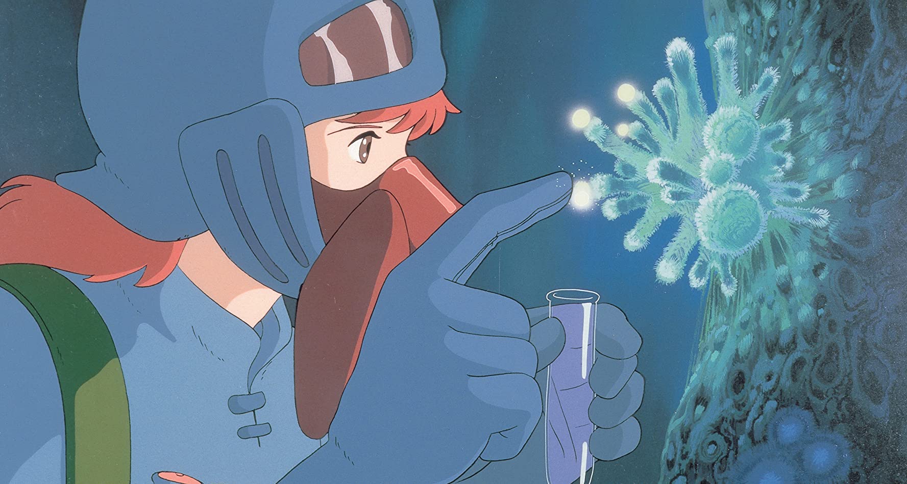 Nausicaa from the film Nausicaa of the Valley of the Wind harvests a glowing spore from the Toxic Jungle. 