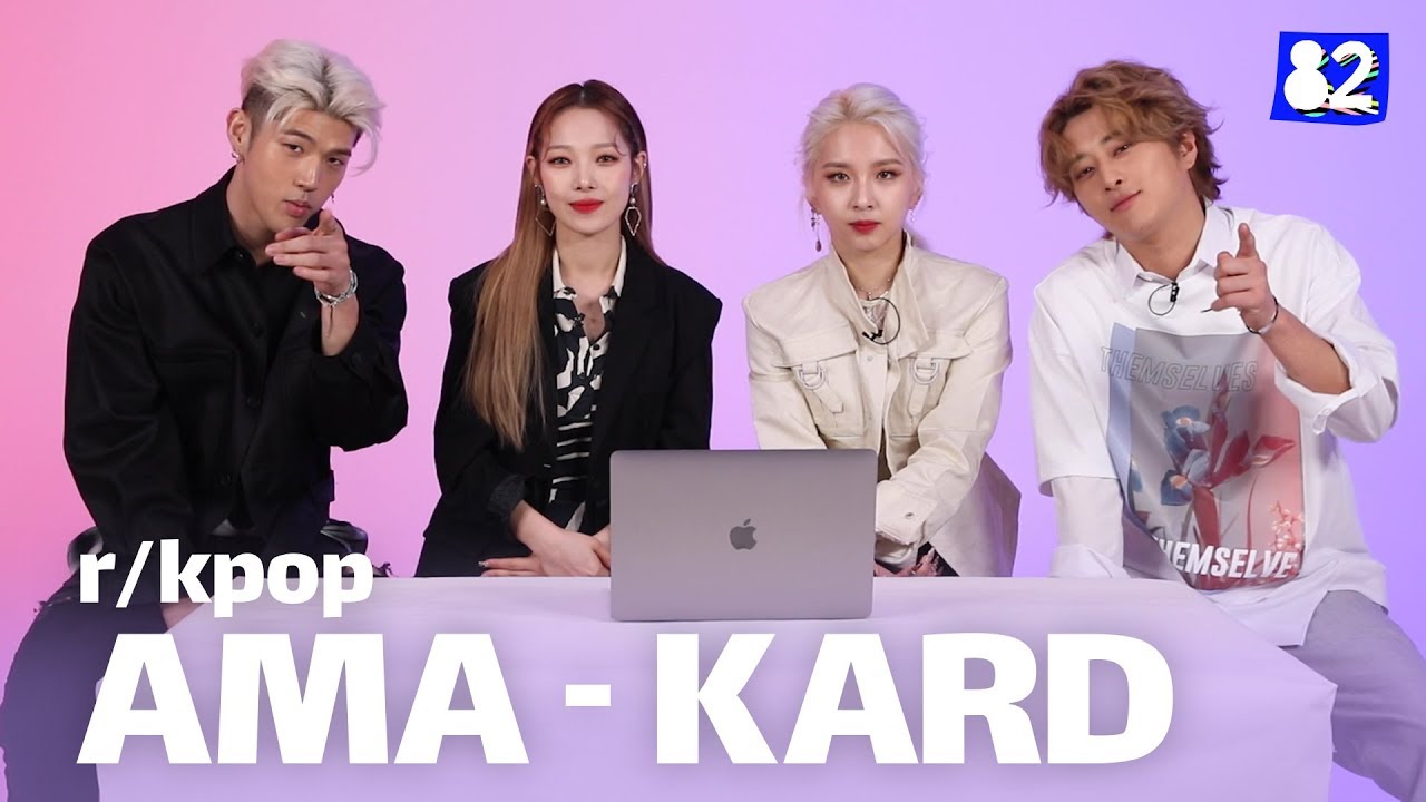 All four members of the K-pop group KARD answering questions from the sub forum called "r/kpop" on Reddit.
