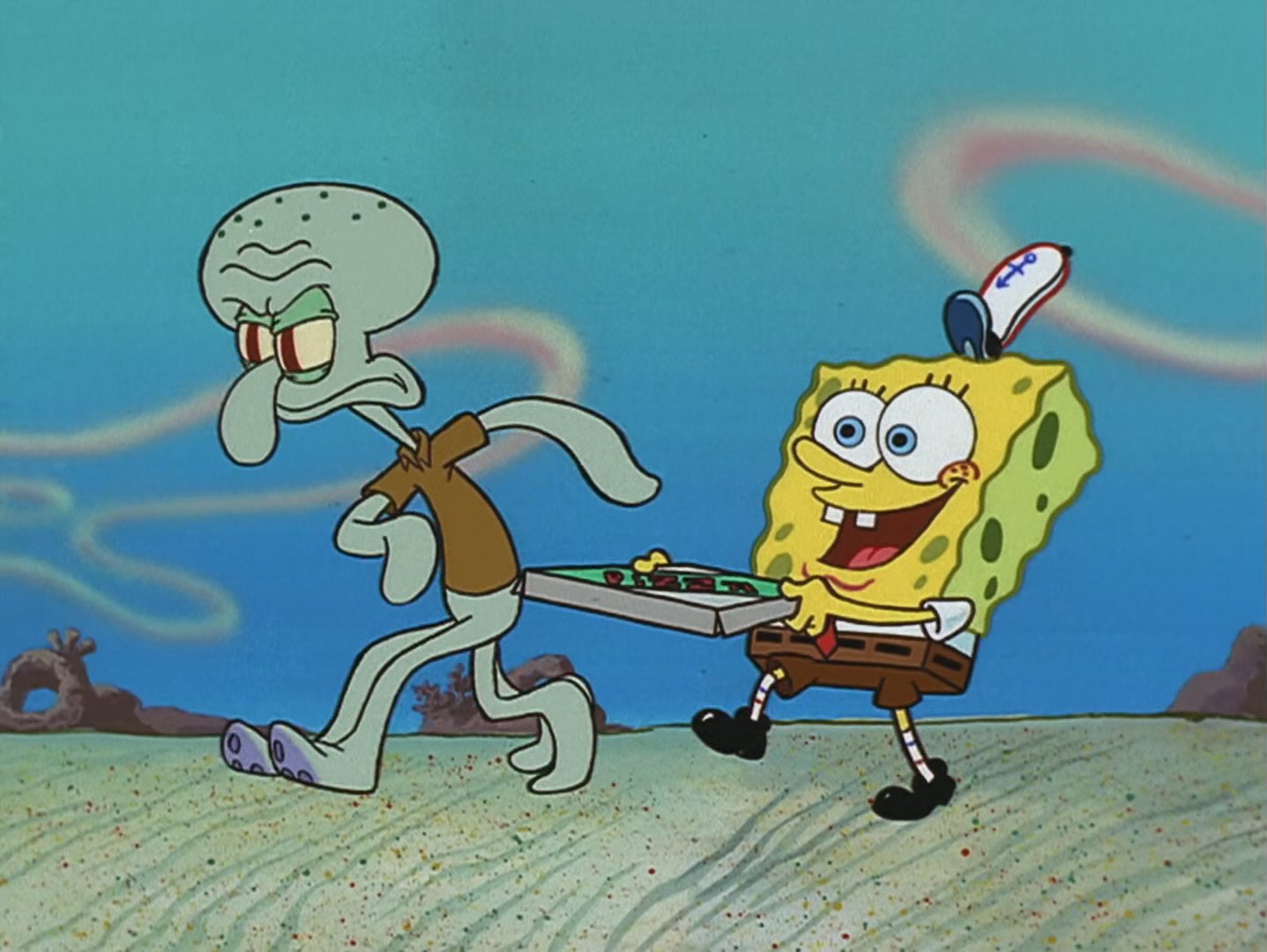 Squidward and Spongebob attempt to deliver a Krusty Krab pizza. 