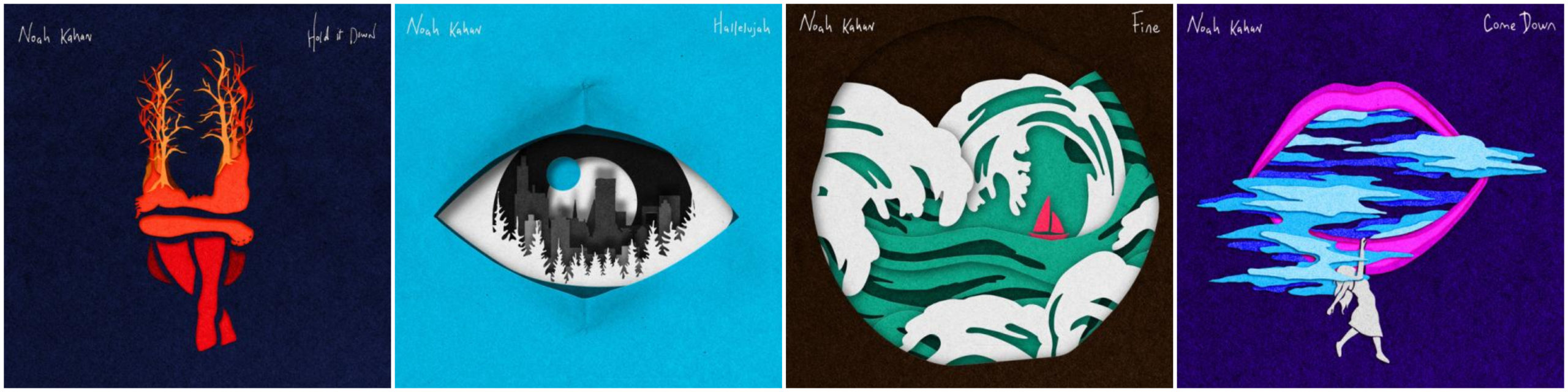 Four single covers all stylized and side-by-side in a collage.
