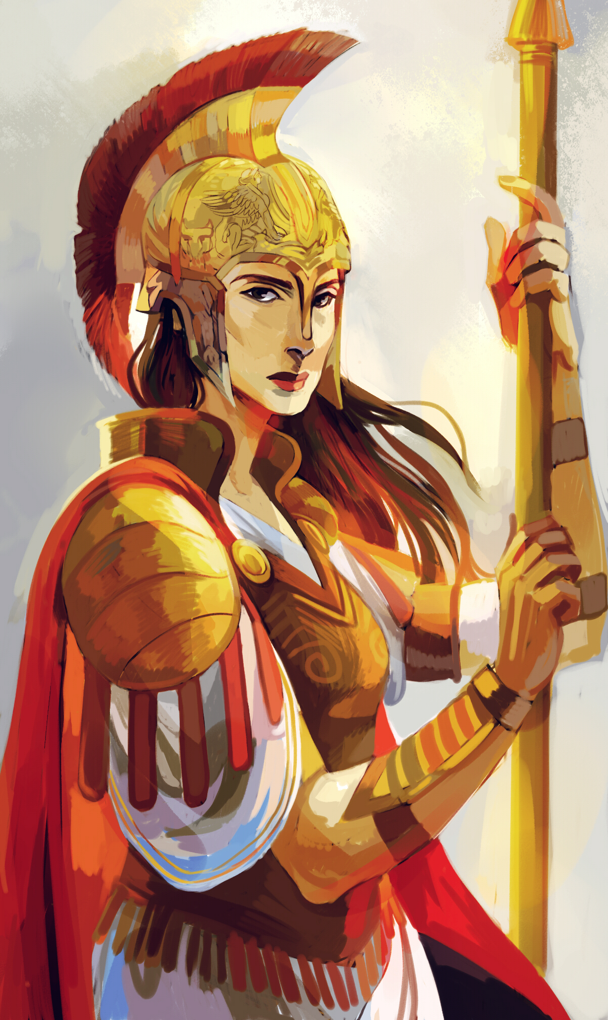 Athena from the Percy Jackson series, stands in full armor, holding a spear. 