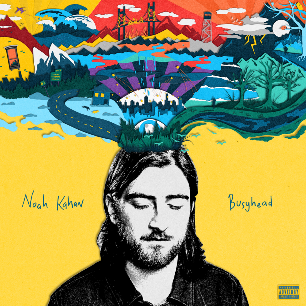 Artistic rendering of Noah Kahan with previous album art and travel-based drawings above his head.