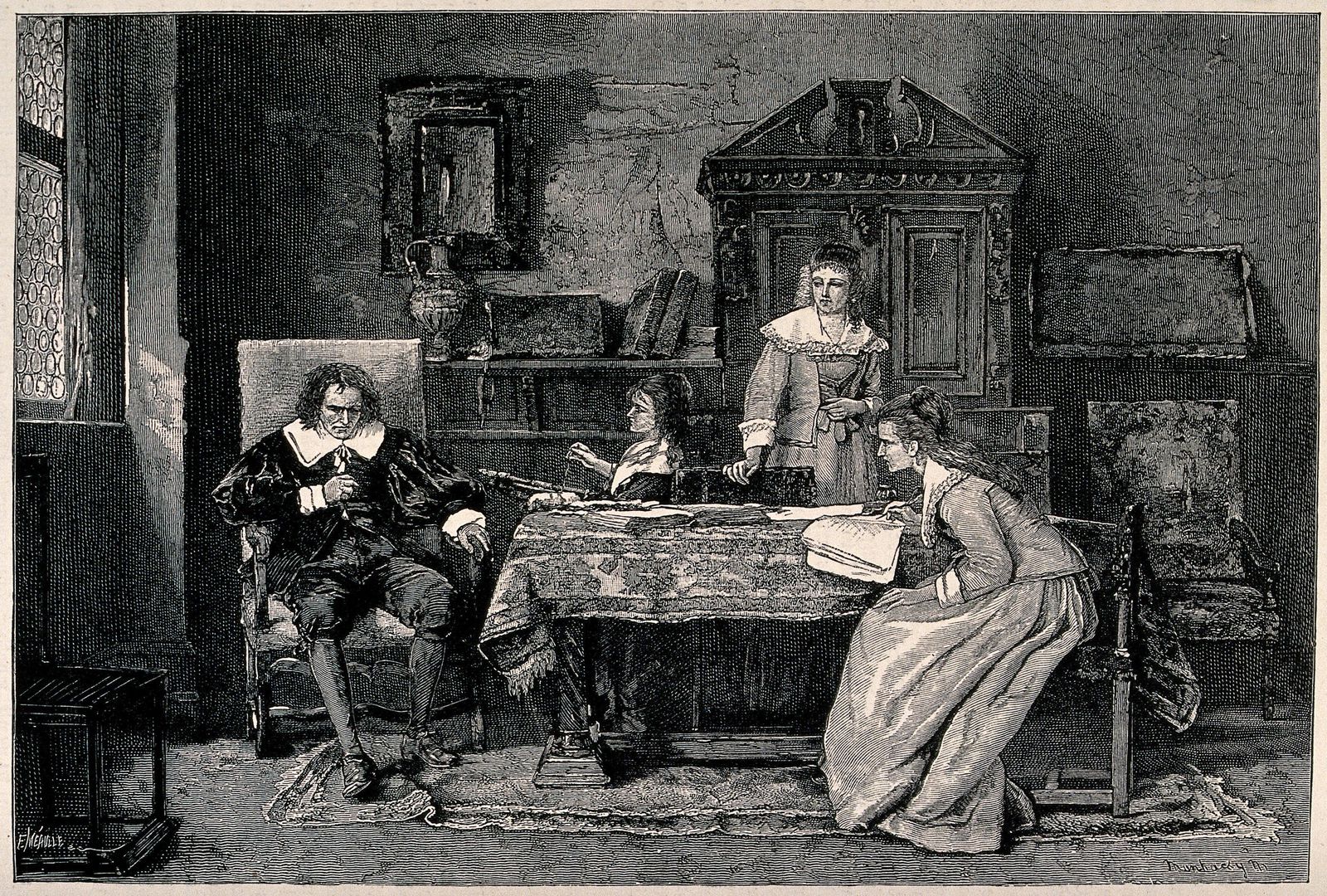 The blind Milton is dictating Paradise Lost (his fanfiction) to his three daughters.