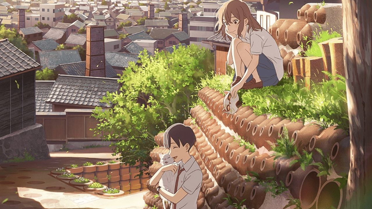 Miyo looks on at Hinode atop a rooftop as he holds her cat form in A Whisker Away.