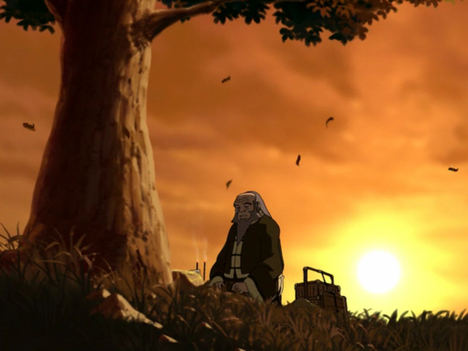 Uncle Iroh sits at his son's grave in Avatar: the Last Airbender