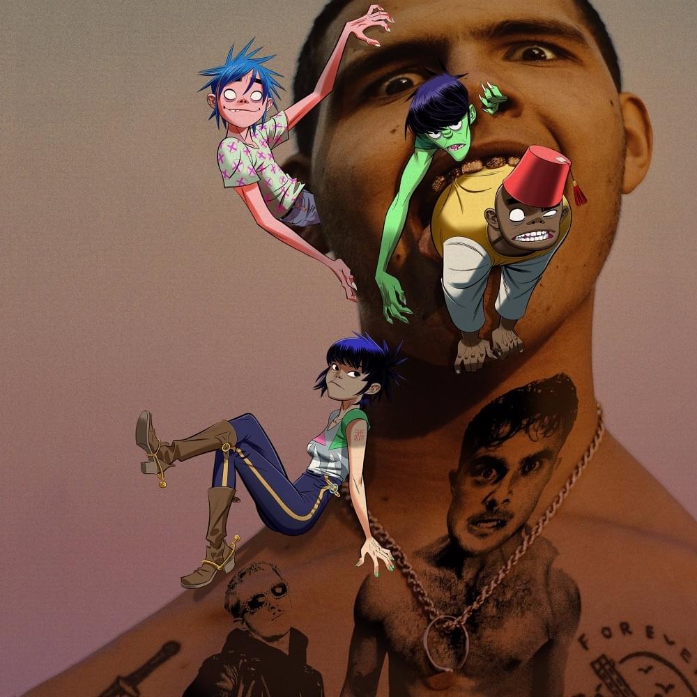 Slowthai stares intensely into the camera as the animated members of Gorillaz are pictured crawling on his face.