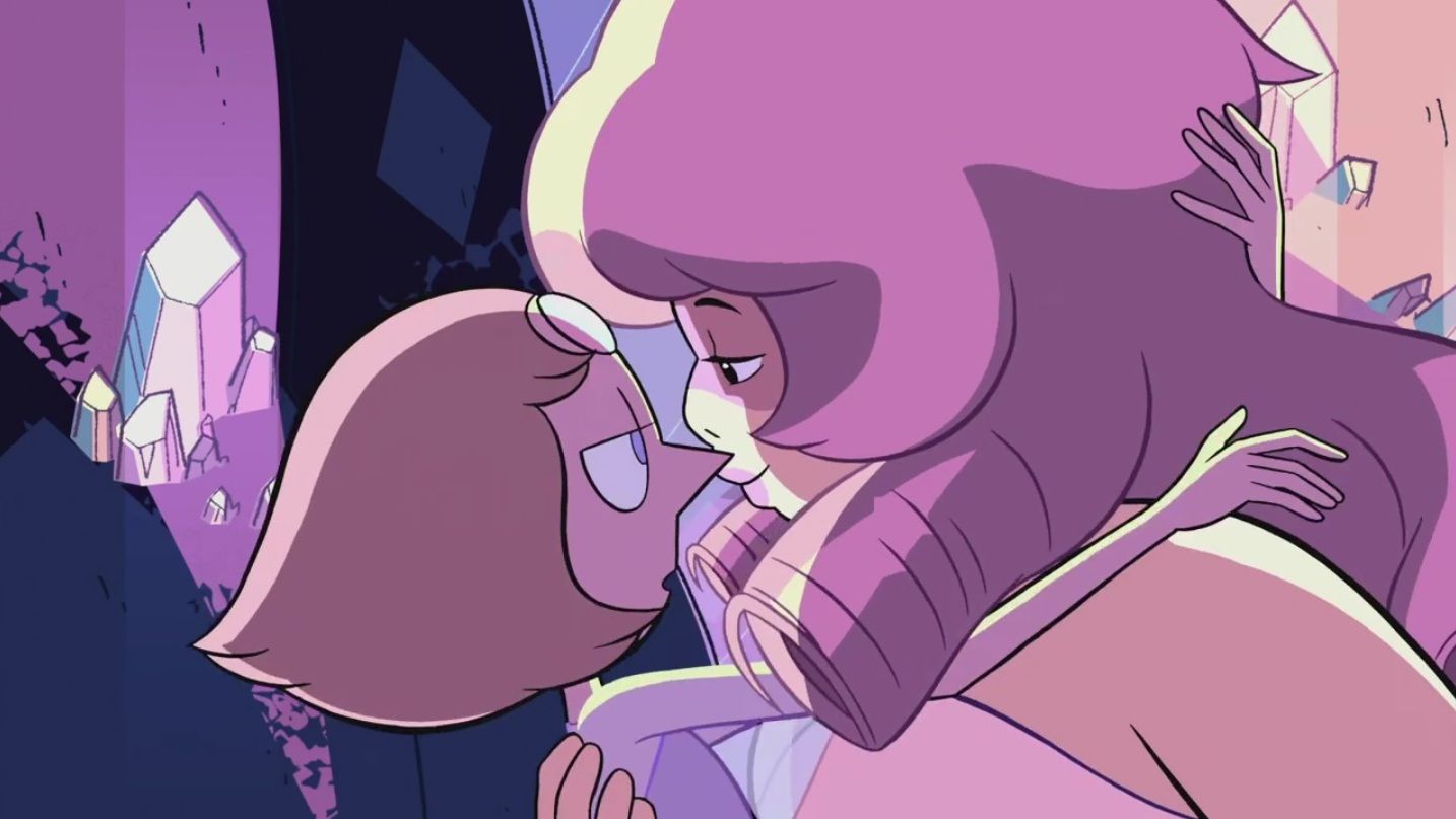 Steven Universe LGBTQ+ scene. Rose and Pearl holding each other closely
