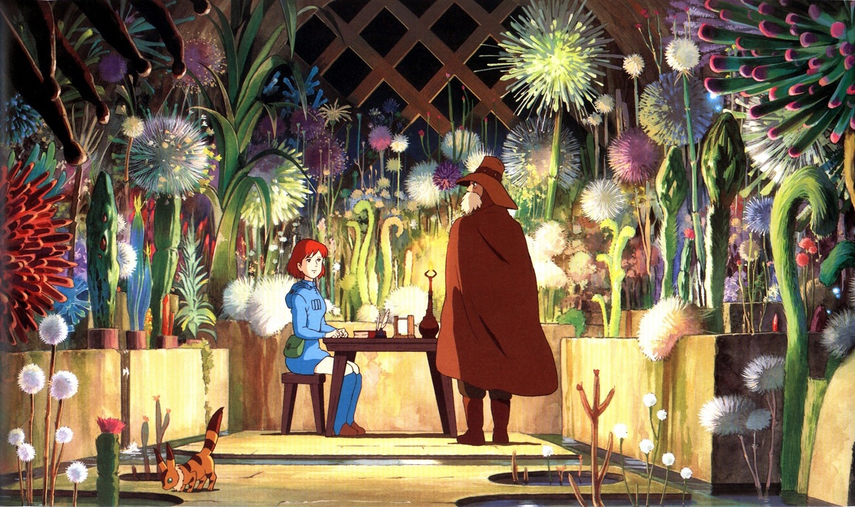 Nausicaa sits talking to Lord Yupa in her secret room, surrounded by plants from the Toxic Jungle that she regrew herself. 