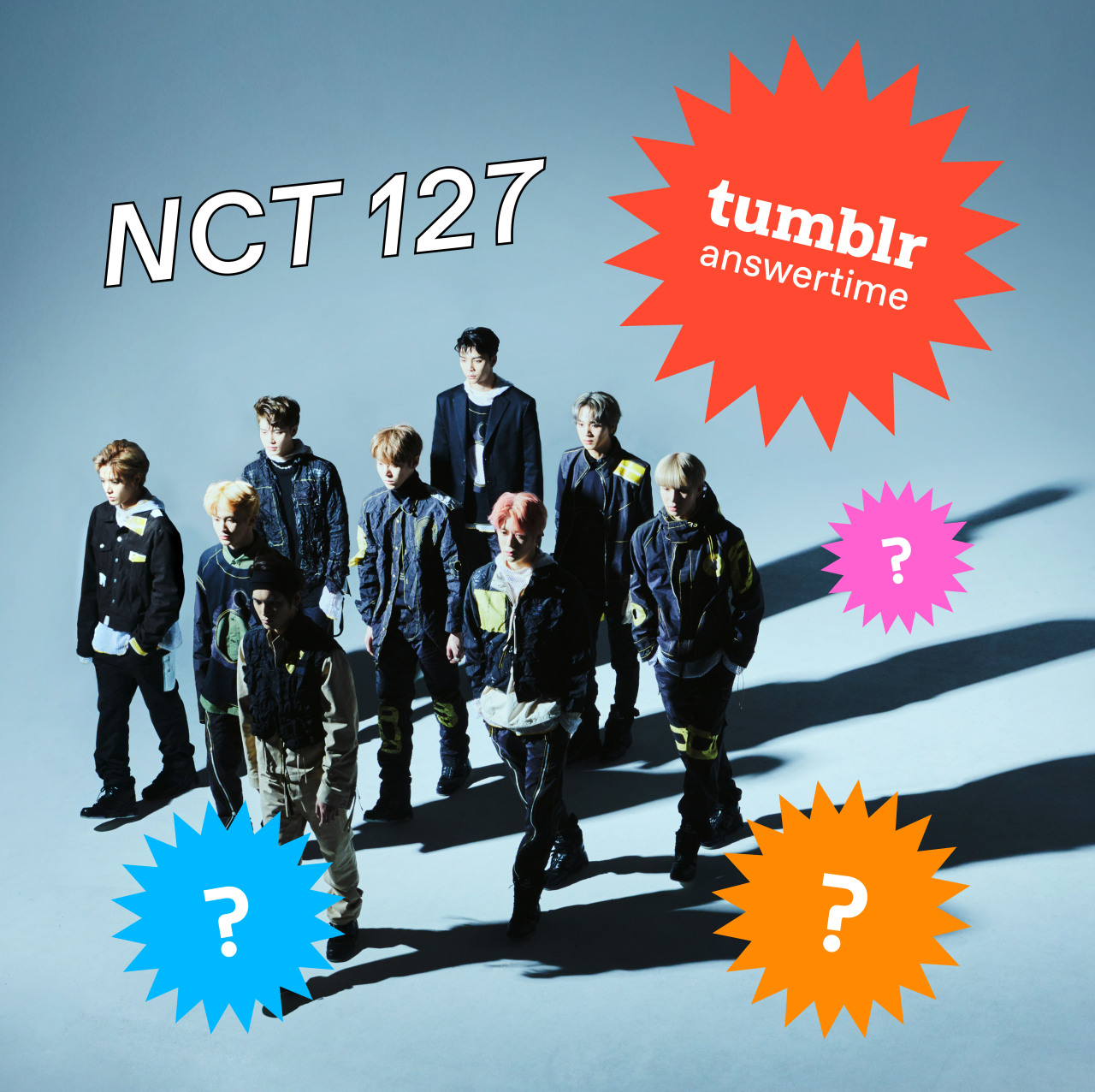 The members of K-pop group NCT 127 standing in a room and the texts in front of them reads "NCT 127 Tumblr Answertime."