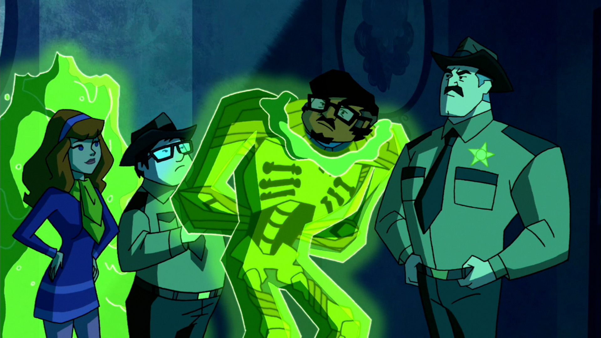 Daphne stands next to two police as they handcuff a man in a glowing, green monster costume from an episode of Scooby-doo mystery incorporated. 