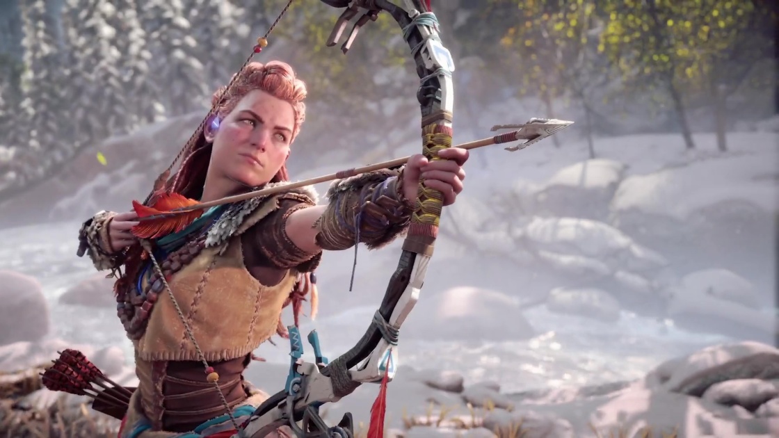 Aloy prepares her bow and arrow to take a shot in "Horizon: Forbidden West". 