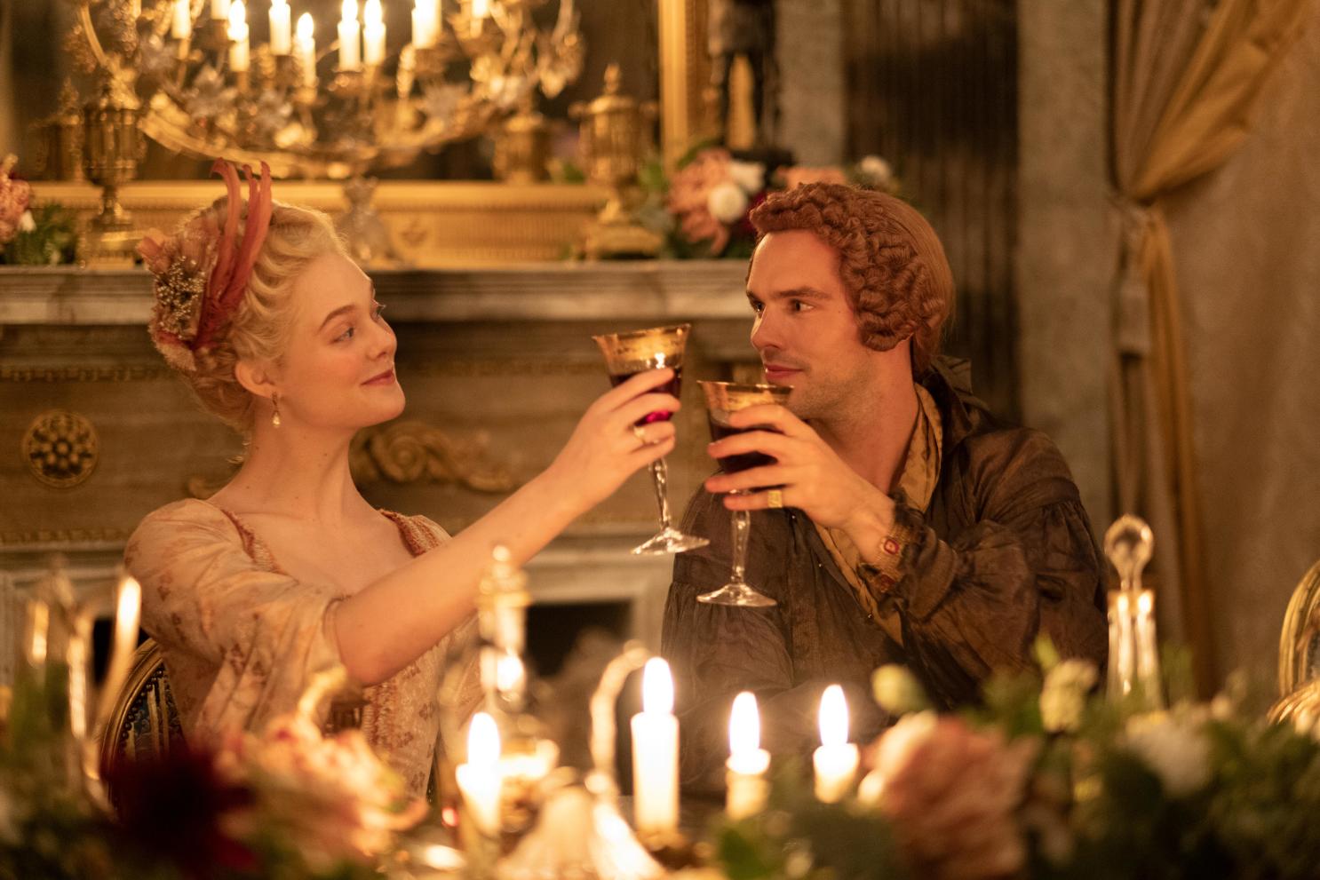 Elle Fanning as Catherine the Great and Nicholas Hoult as Peter the Third.