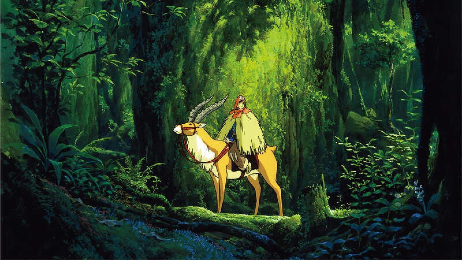 Ashitaka sitting on the back of his red elk, Yakul, stand in the middle of a dense lit up forest. 