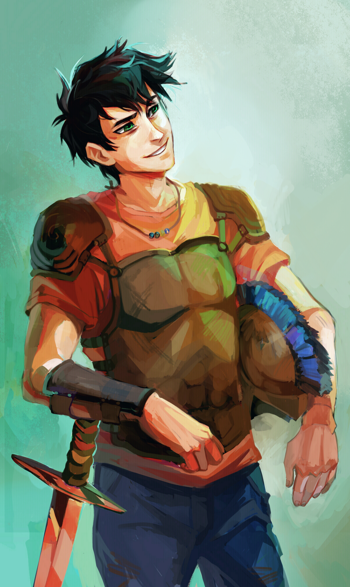 Percy Jackson stands with a bronze breastplate, holding a helmet and leaning on a sword. 