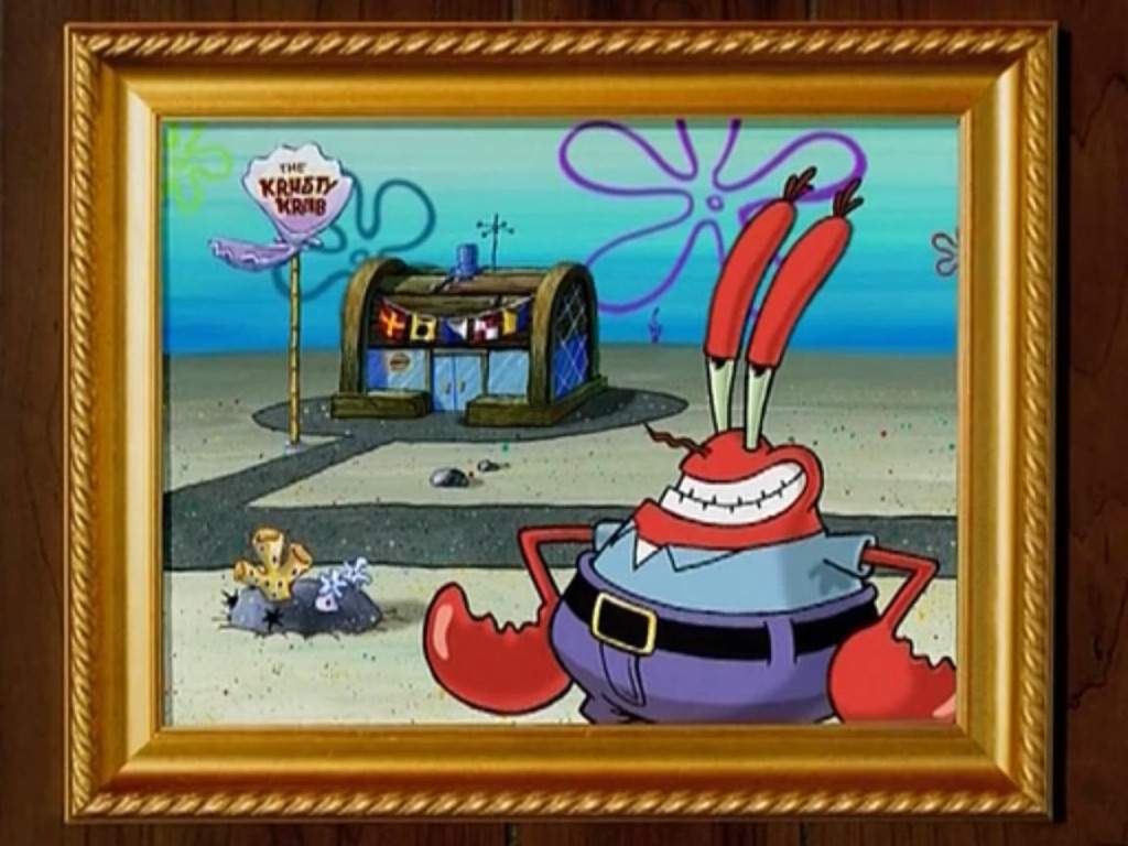 Mr. Krabs stands in front of the Krusty Krab in the Krusty Krab training video. 