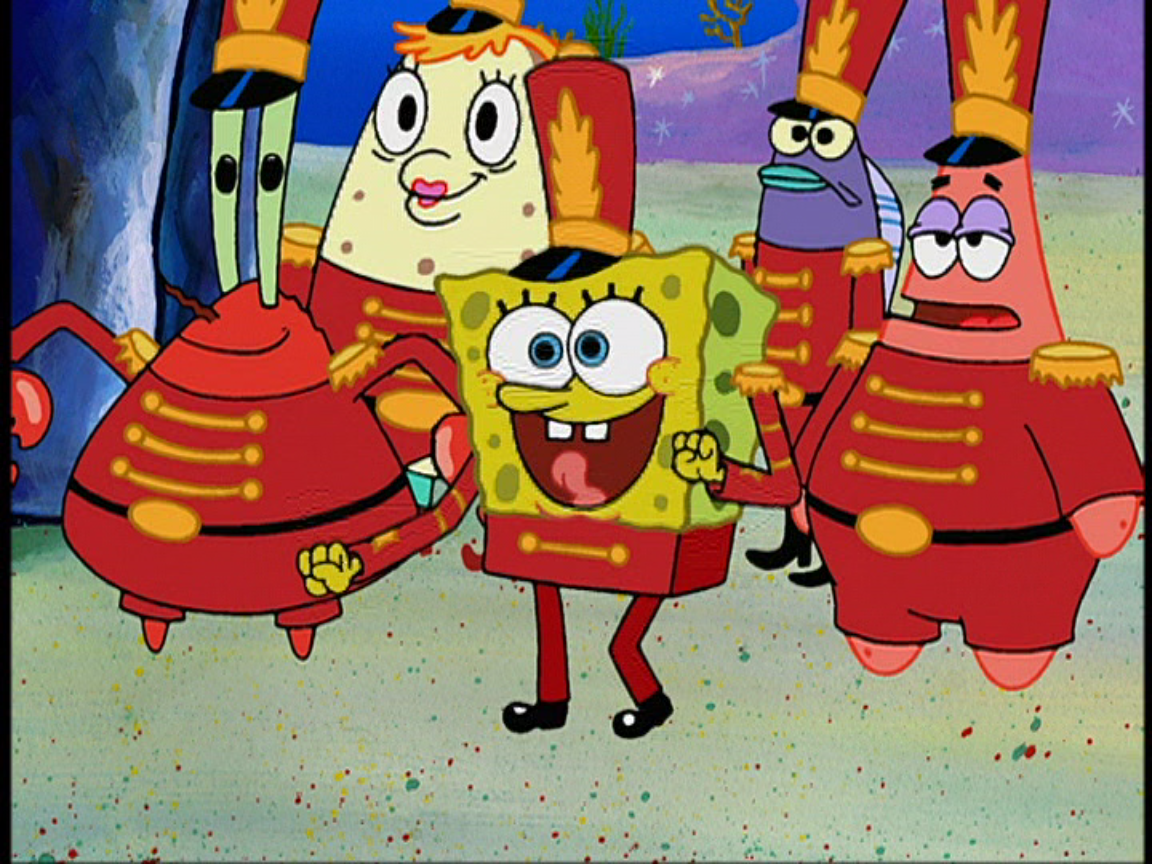 Spongebob Squarepants stands ready to perform with what Squidward calls his "eager face." 