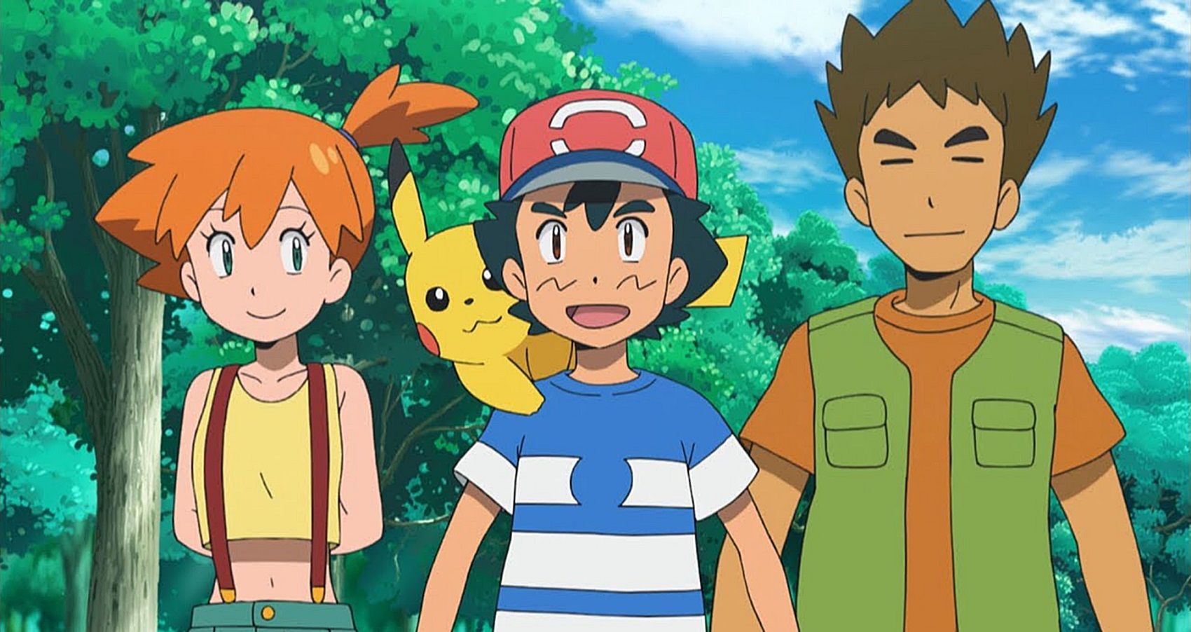 Ash stands in front of a smiling Misty and Brock as Pikachu pokes over his shoulder. "Alola, Kanto!", Pokemon the Series: Sun & Moon.