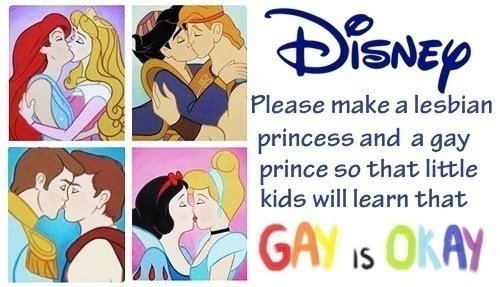 Disney characters kissing a character of the same sex with text demanding for LGBTQIA+ princesses and princes