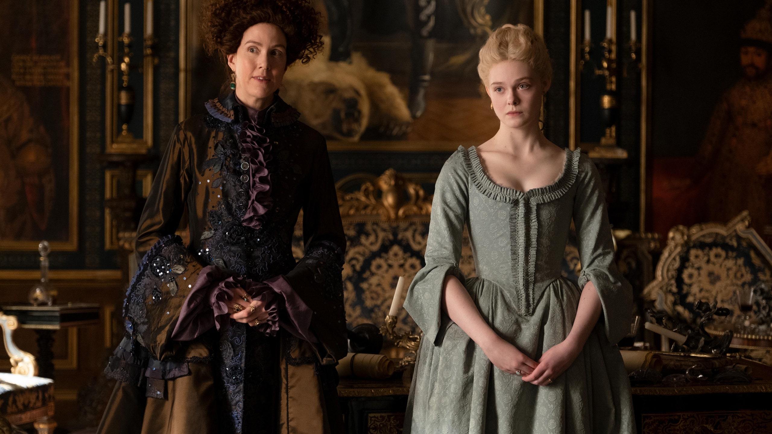 Aunt Elizabeth and Catherine from Hulu's mini-series The Great stand together in a room.