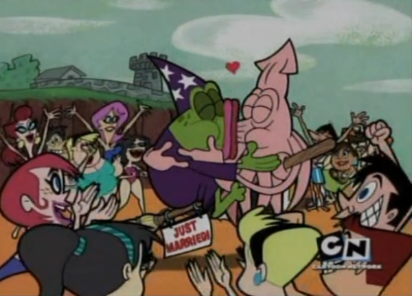 LGBTQIA+ wedding in children's show The Grim Adventures of Billy and Mandy. Wizard Frog Kissing Giant Squid on a witch's broom