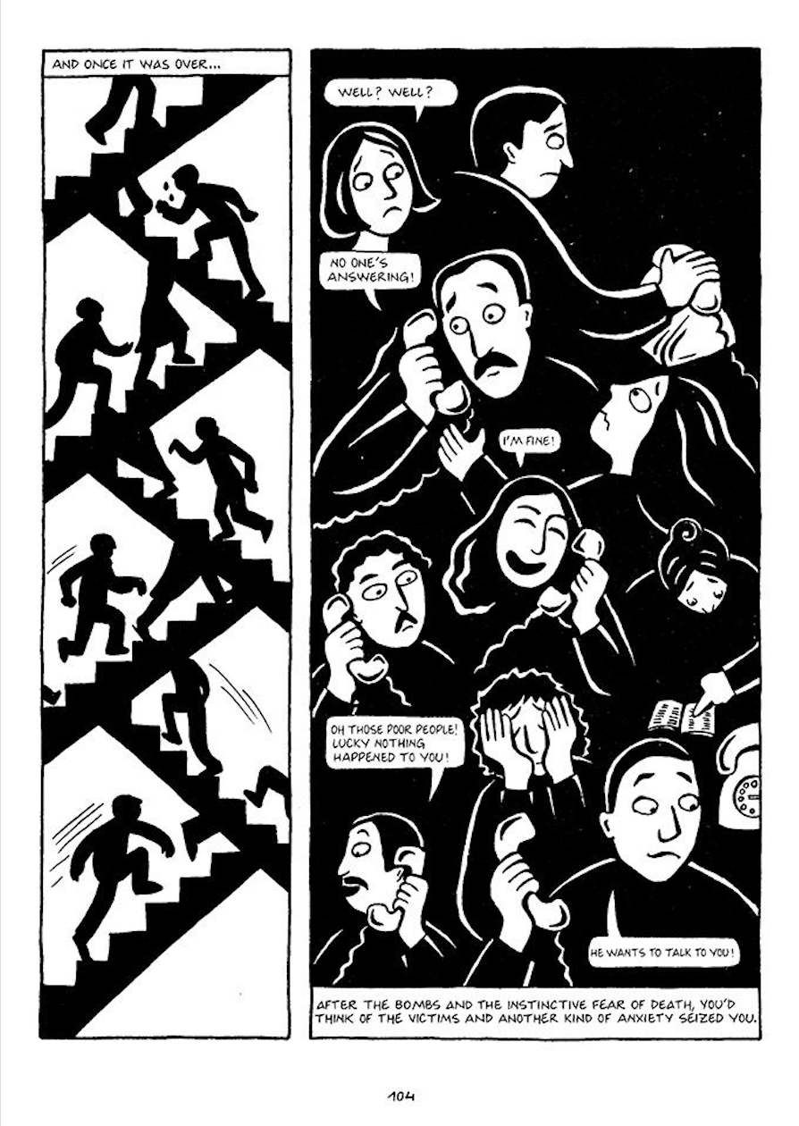 Persepolis: Page 104, various people are calling their loved ones after a bombing