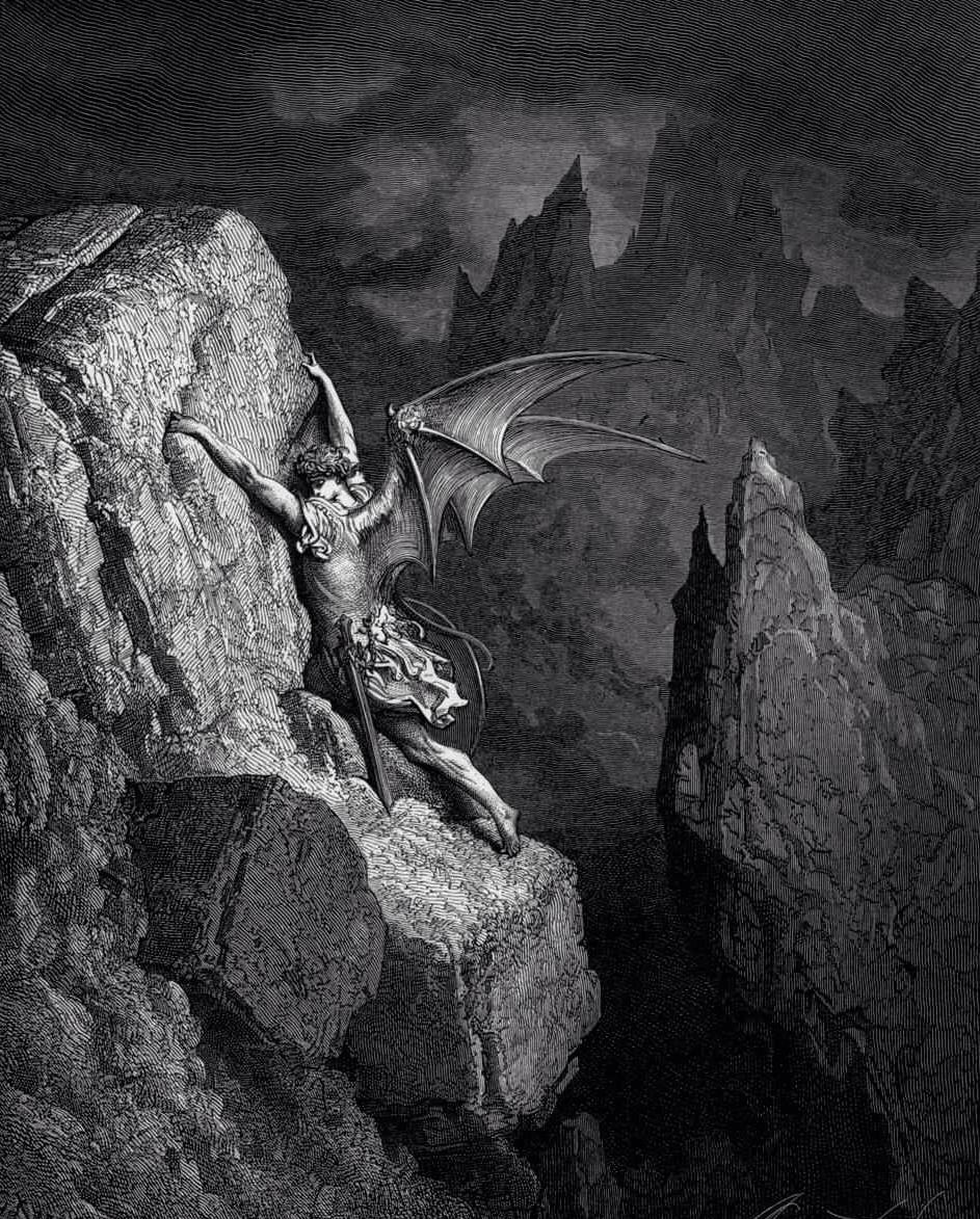 Gustave Doré's painting, Satan clinging to a cliff with wings outstretched in distress