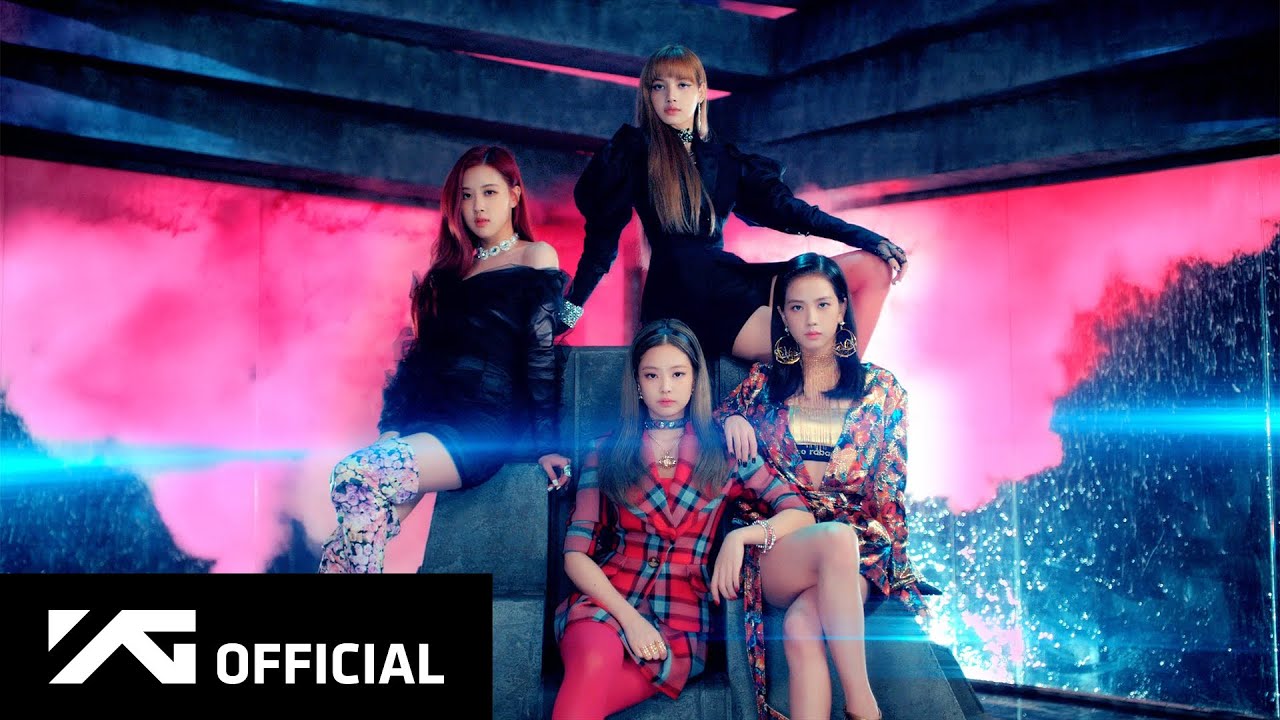 All four members of the K-pop group Blackpink from their music video 