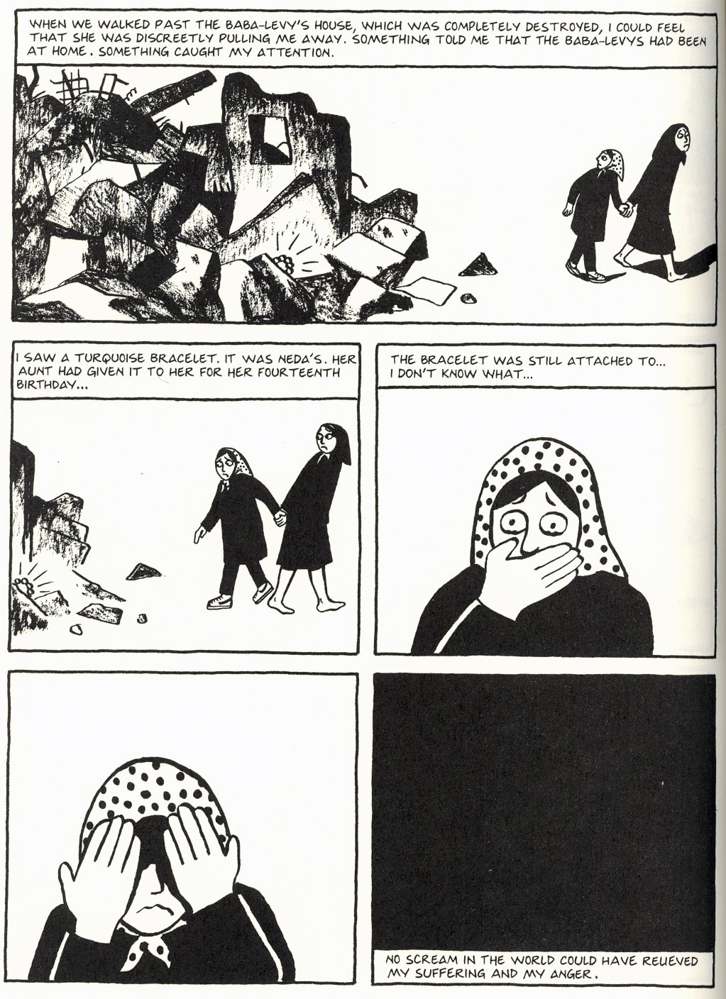 Persepolis: Page 142, depicting the trauma of Satrapi recognizing a friend's bracelet in the rubble 