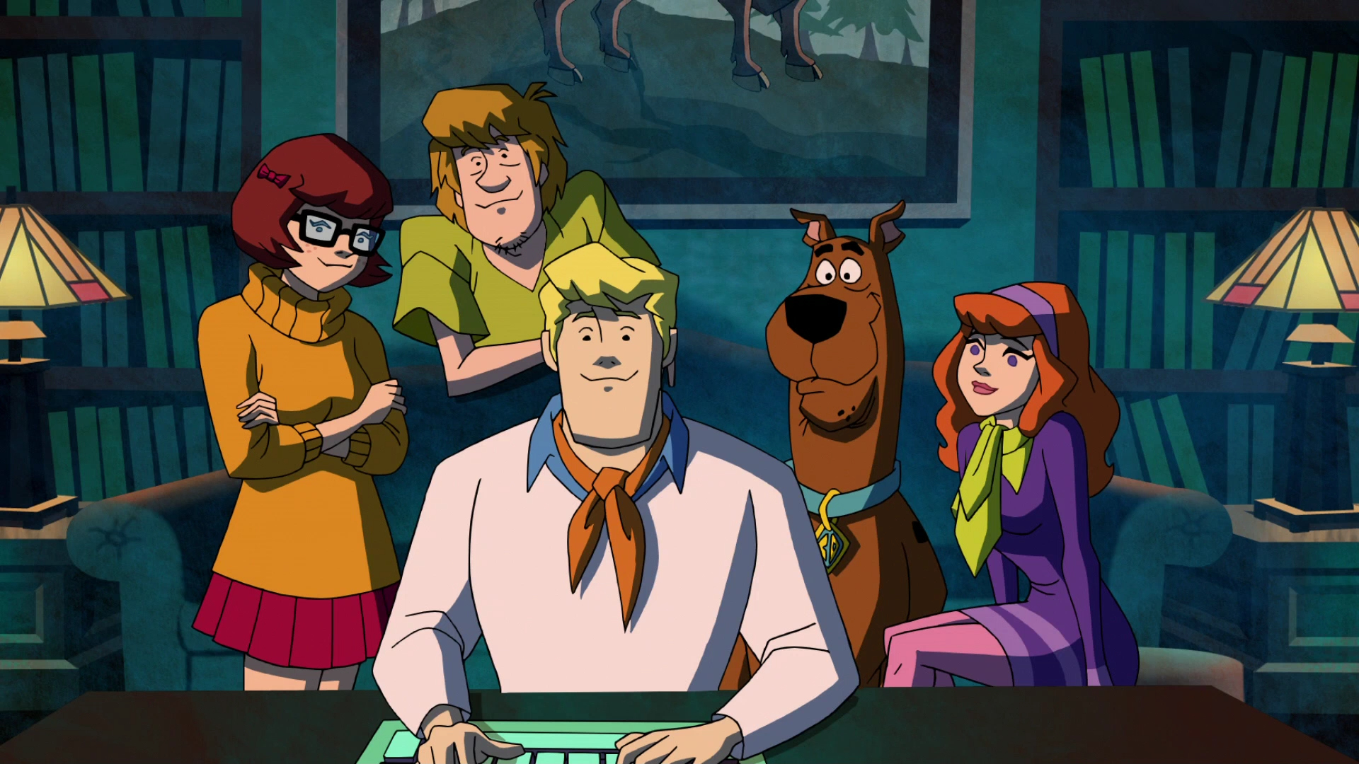 Velma, Shaggy, Fred, Scooby-Doo, and Daphne look at something off screen